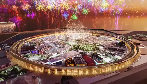 Une vue aérienne de "Pavillon World" pour l'Exposition Universelle 2025 à Osaka, Japon