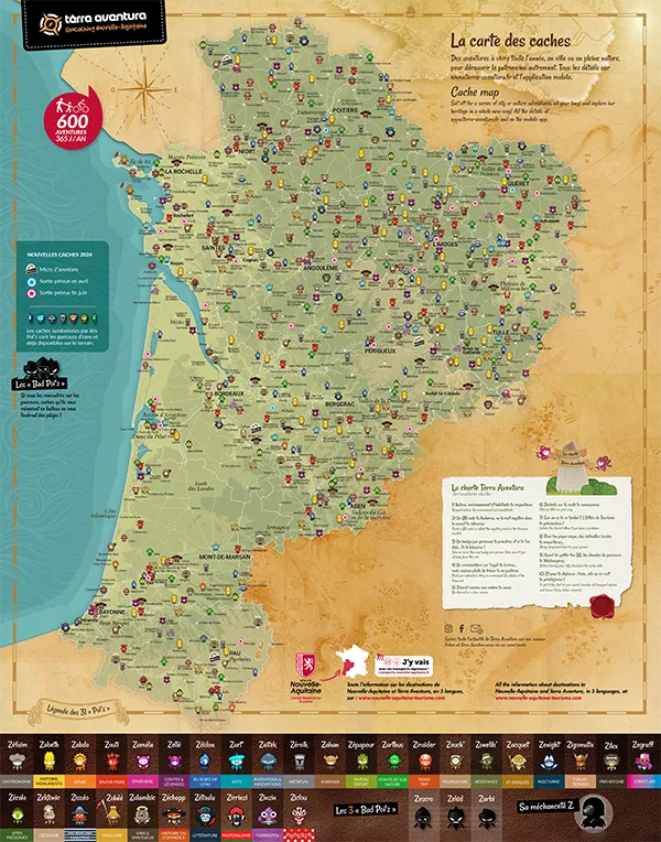 Une carte qui figure les caches du jeu de geocaching "Terra Aventura" pour la saison 2024