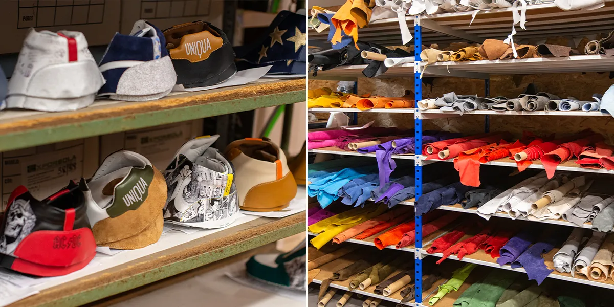 Des baskets Uniqua en cours de fabrication et des rouleaux de cuir de couleur