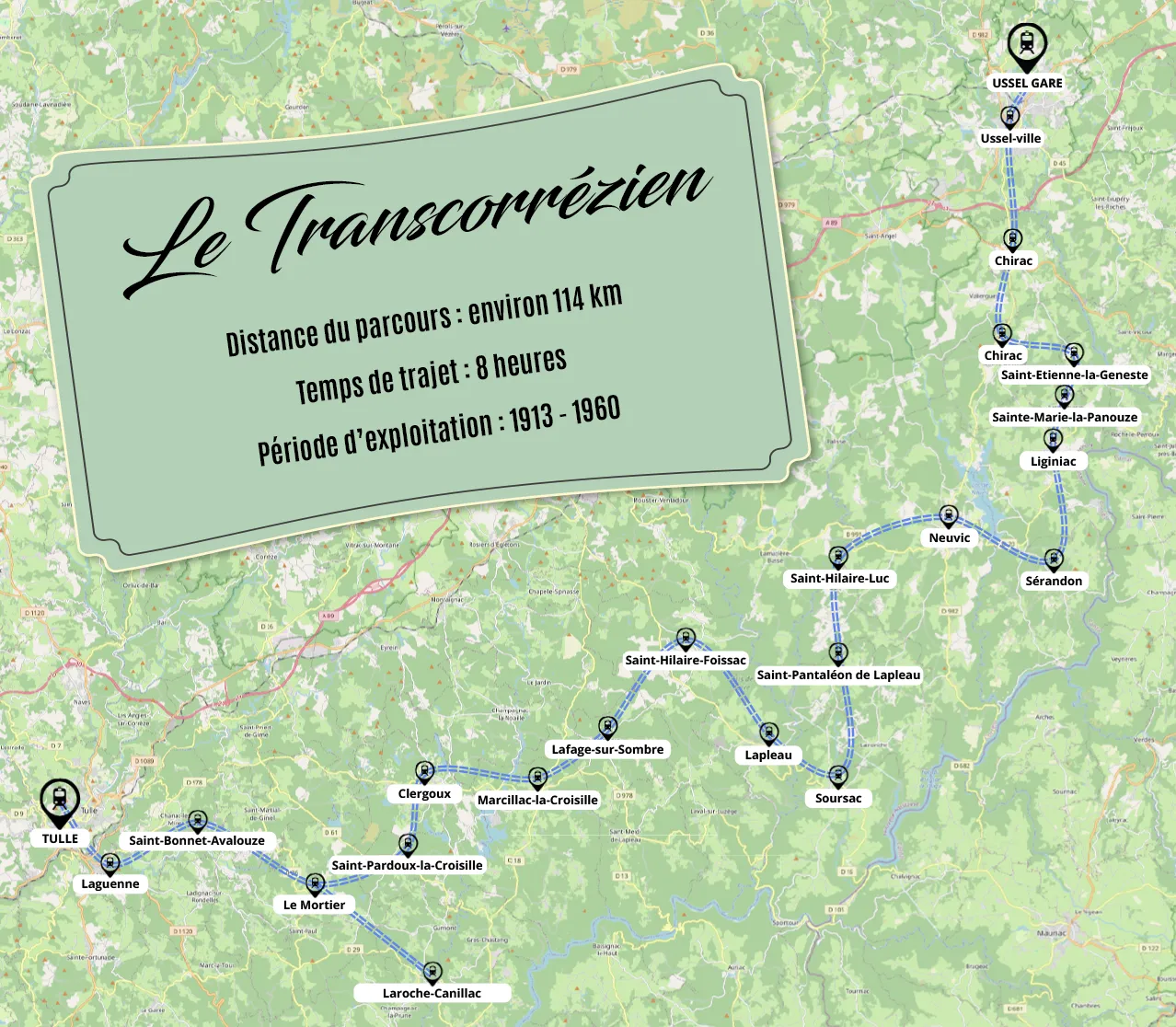 Un carte du parcours du "Transcorrézien" aussi appelé "Tacot"